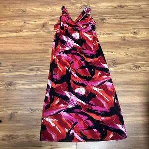 Women’s Plus Sz 3X Red Pink Abstract Maxi Dress Sleeveless Empire Waist Summer